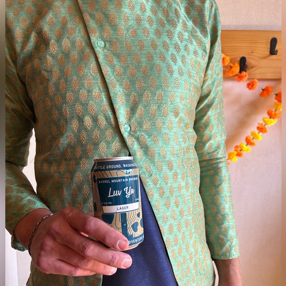 Blue Jacquard Silk Sherwani Set For Men by ARYAVIR MALHOTRA - Picture 7 of 8